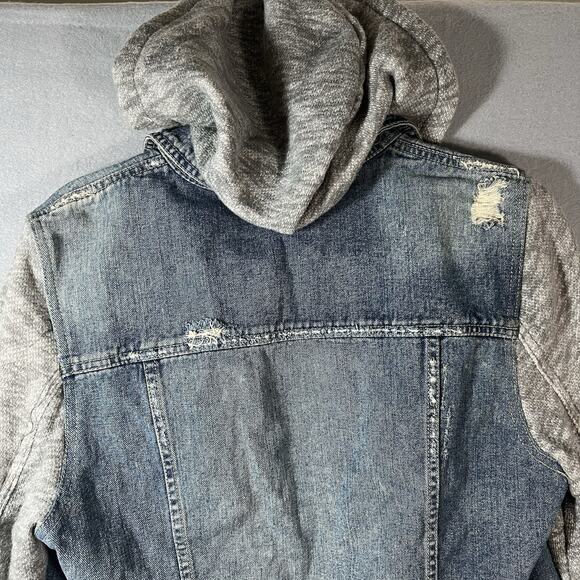 Free People Jean Jacket Blue Grey Denim Hooded‎ Trucker Distressed Womens Large - Picture 5 of 12